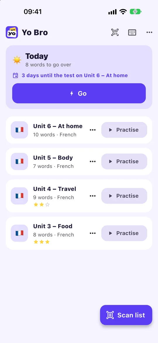 Yo Bro’s home screen: the Today card with 8 words to go over and 3 days until the test on Unit 6, above four word lists.