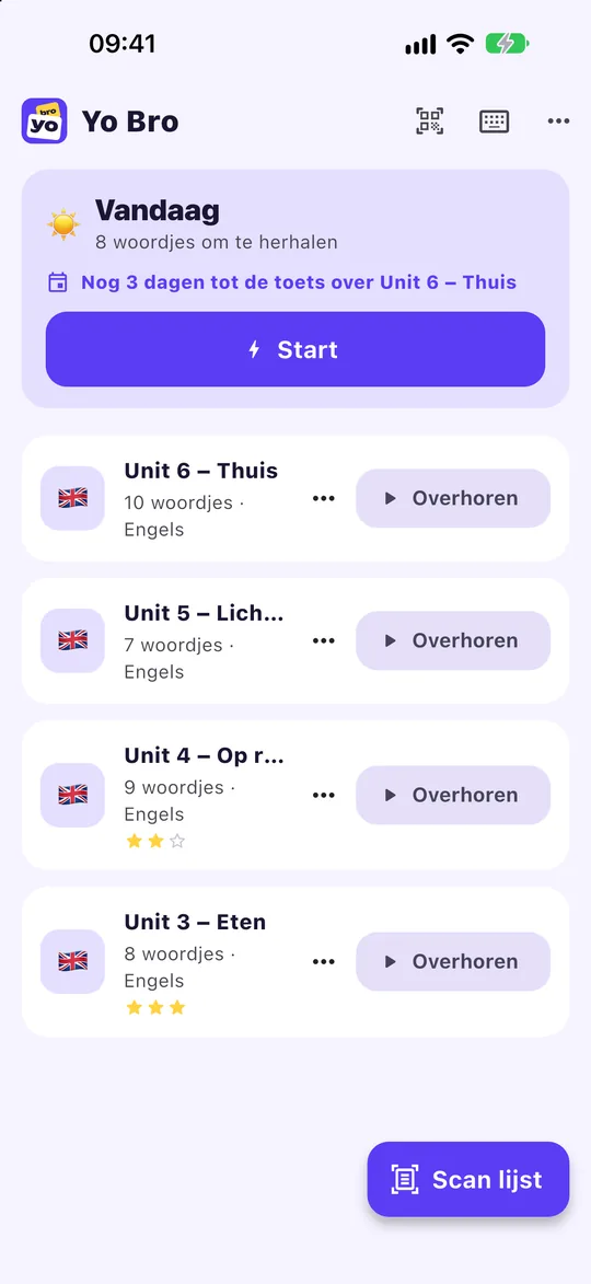 Het beginscherm van Yo Bro: de kaart Vandaag met 8 woordjes om te herhalen en nog 3 dagen tot de toets over Unit 6, met daaronder vier woordjeslijsten.